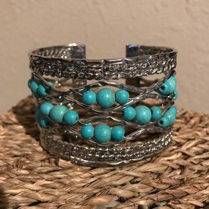 Beaded turquoise and silver cuff